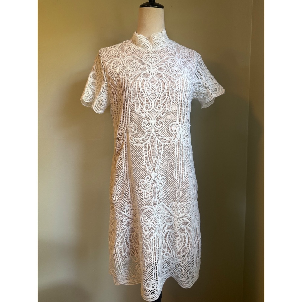 Byer dainty White Crochet Lace cottage resort  Dress Nude Small whimsi Y2K boho